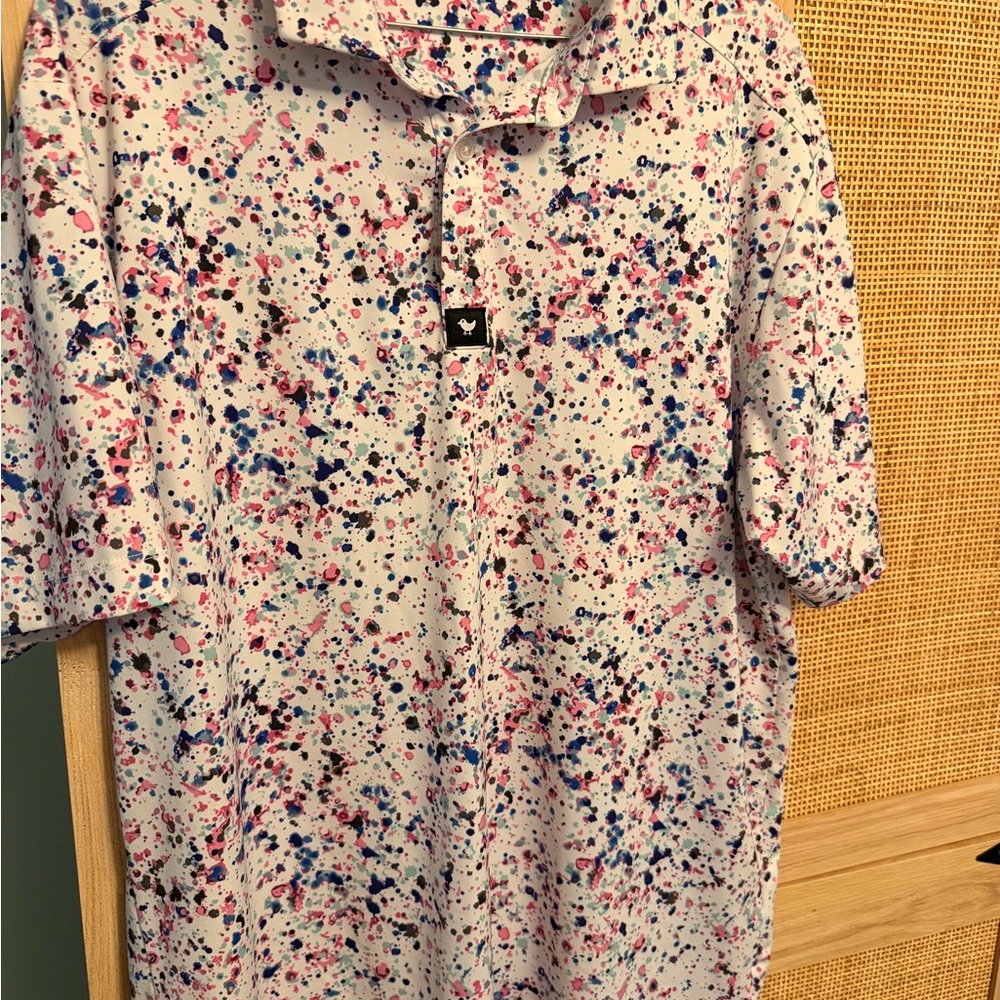 Bad Birdie White Polo with Blue & Pink Splatter Large